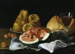 Картина Натюрморт: арбуз, хлеб, бублики и бокал, Луис Эгидио Мелендес